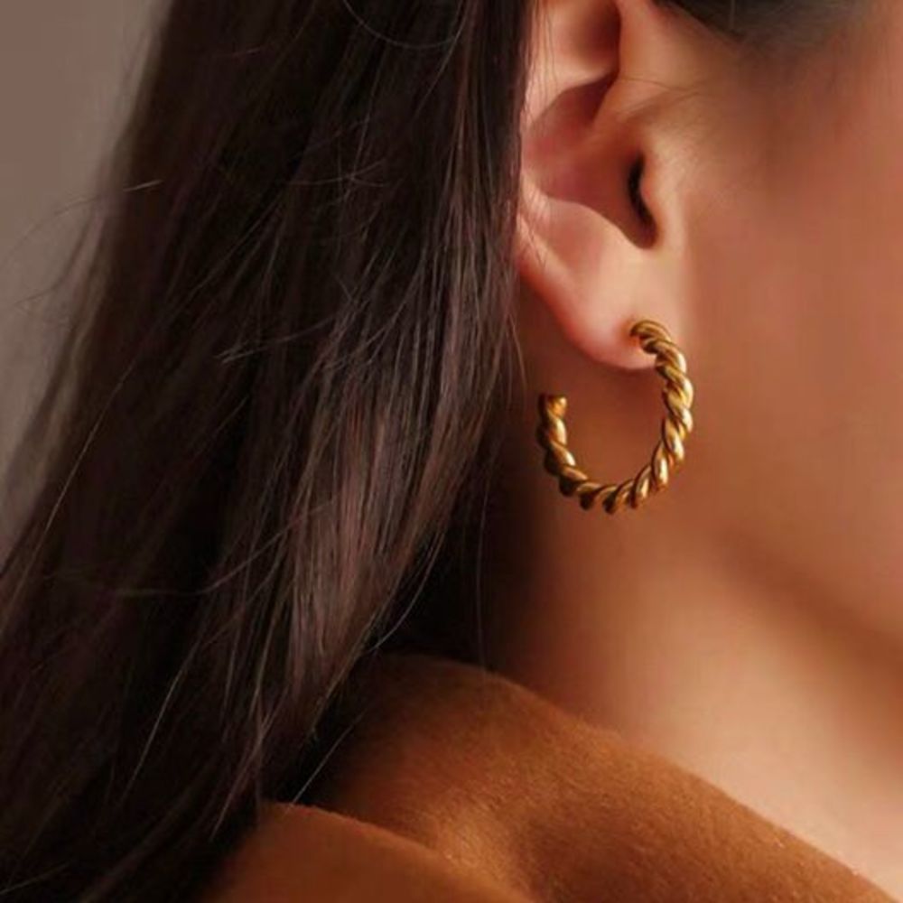 18K Thick Gold Plated Faye Rope Twist C Hoops Earrings